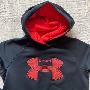 Under Armour Hoodie Sweatshirt with Swim Logo. Size Youth Large.  Black and Red